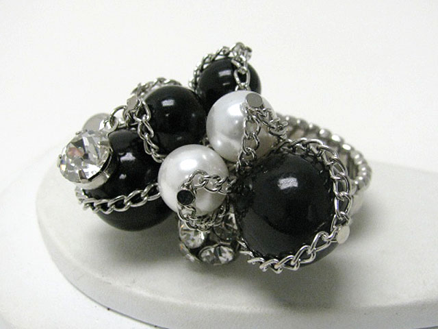 Pearl beads crystal ball and metal chain tangled stretch ring