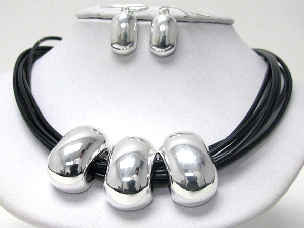 Triple metal half round link and multi cord necklace earring set