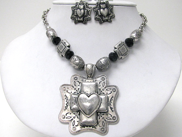 Large fat metal cross and heart pendant necklace earring set