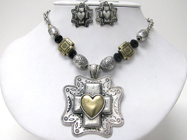 Large fat metal cross and heart pendant necklace earring set