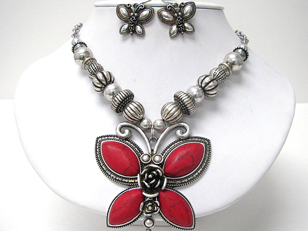 Stone deco wing butterfly pendant and multi charm link chain necklace earring set