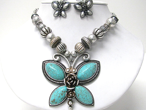 Stone deco wing butterfly pendant and multi charm link chain necklace earring set