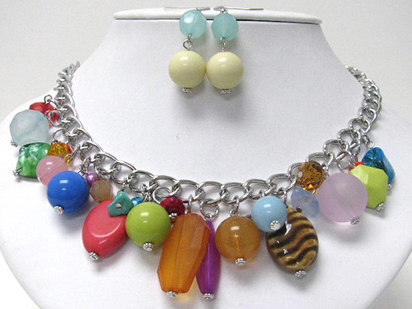 Multi glass and acrylic ball drop necklace earring set