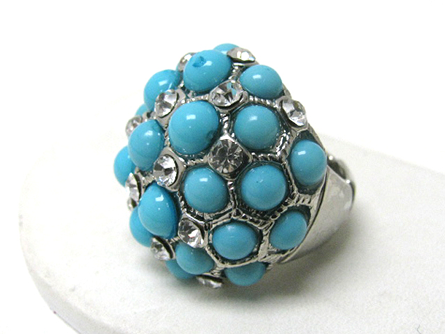 Crystal and acryl stone mixed puffy round stretch ring