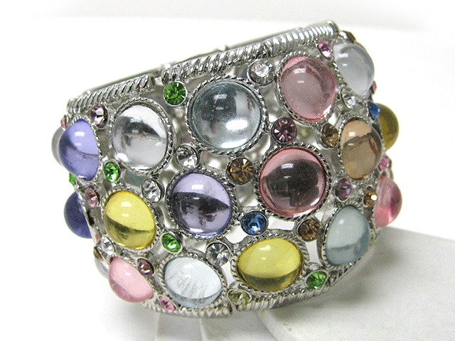 Crystal and acryl stone deco wide metal stretch bracelet