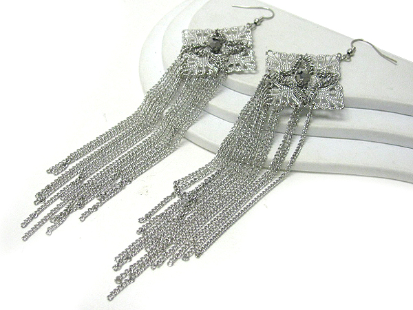 Crystal center metal filigree and long multi chain drop earring