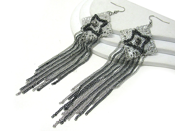 Crystal center metal filigree and long multi chain drop earring