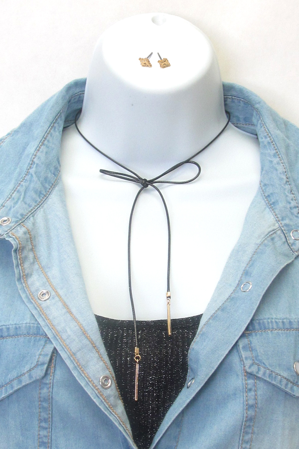 Thin leather bow tie choker necklace set