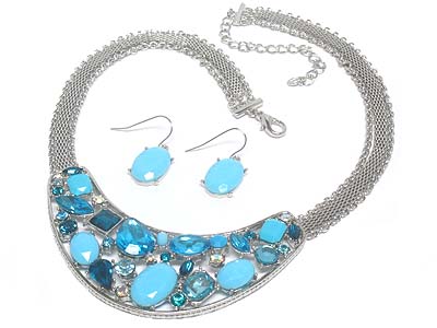 Multi acryl bead and crystal deco wide necklace and earring set 