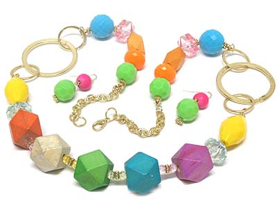 Multi wood facet ball and acrylic bead metal link necklace and earring set