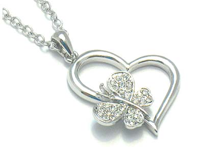 Made in korea whitegold plating heart and crystal deco butterfly pendant necklace 