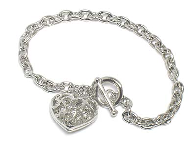 Crystal inside dual casting heart charm toggle bracelet