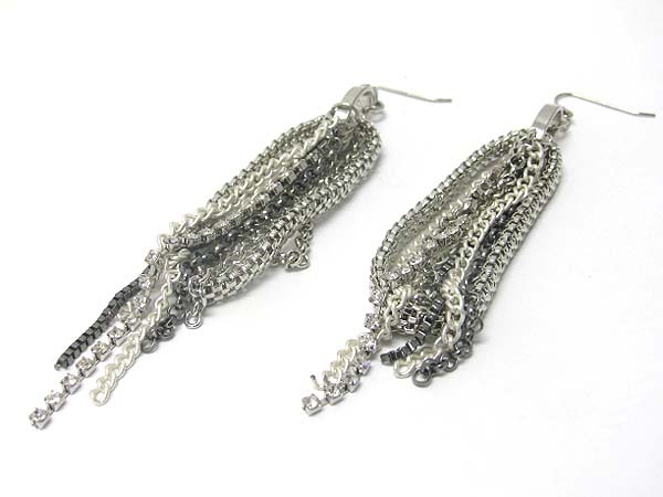 Multi rhinestone line and metal chain drop earring