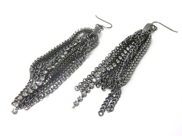 Multi rhinestone line and metal chain drop earring