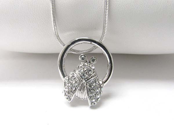 Made in korea whitegold plating crystal stud bug round pendant necklace - cicadas