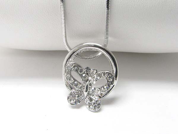 Made in korea whitegold plating crystal stud butterfly round pendant necklace