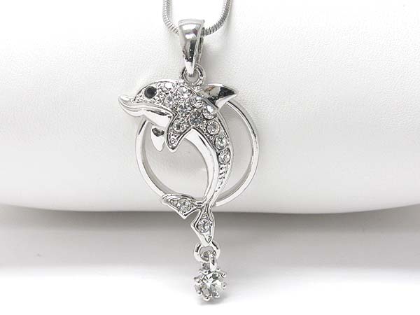 Made in korea whitegold plating crystal stud dolphin round pendant necklace