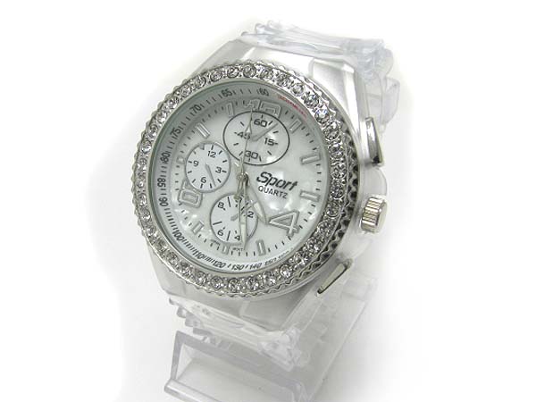 Crystal stud round face icy rubber band watch