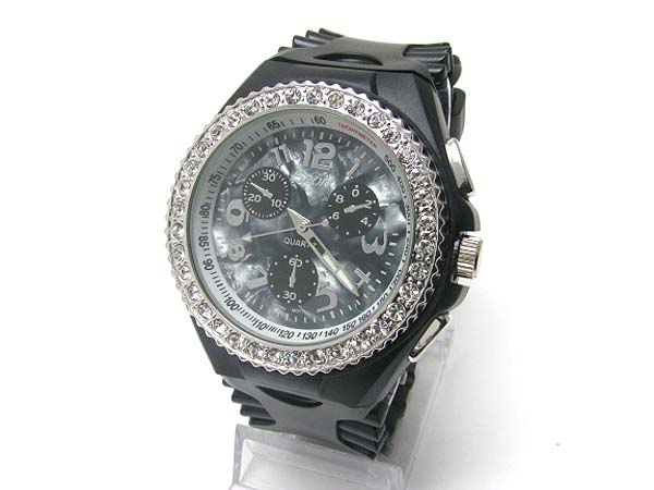 Crystal stud round face icy rubber band watch