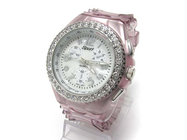 Crystal stud round face icy rubber band watch