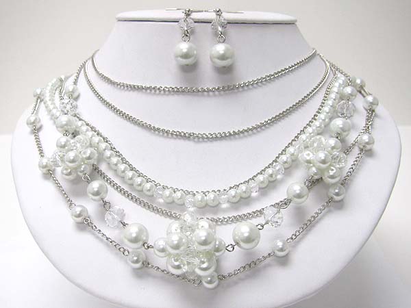 Multi strand mixed glass and pearl beads necklace earring set