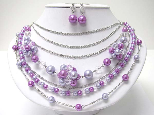 Multi strand mixed glass and pearl beads necklace earring set