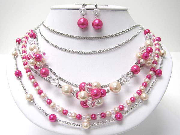 Multi strand mixed glass and pearl beads necklace earring set