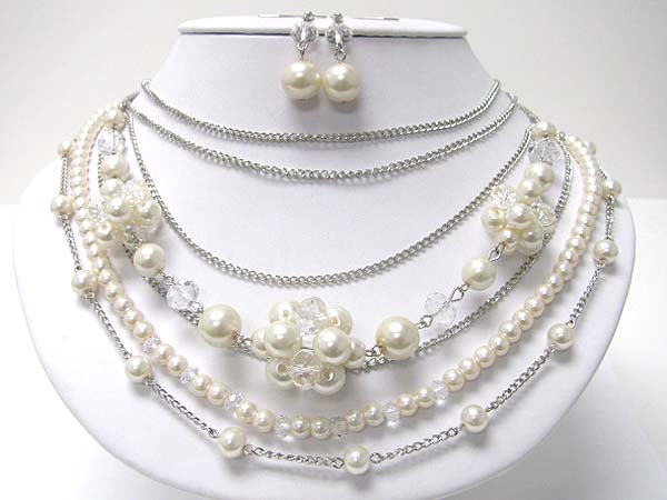 Multi strand mixed glass and pearl beads necklace earring set