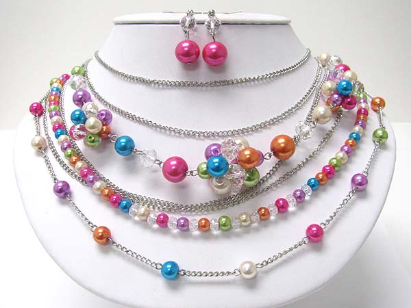 Multi strand mixed glass and pearl beads necklace earring set