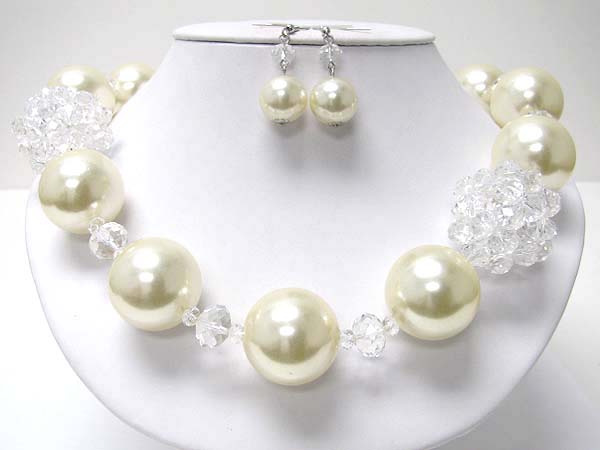 Facet glass beads cluster and pearl ball necklace earring set