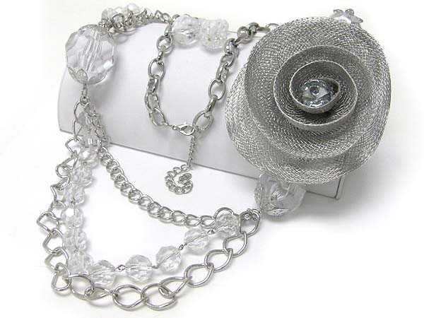 Crystal stud metal wire swirl accent long chain link necklace earring set 