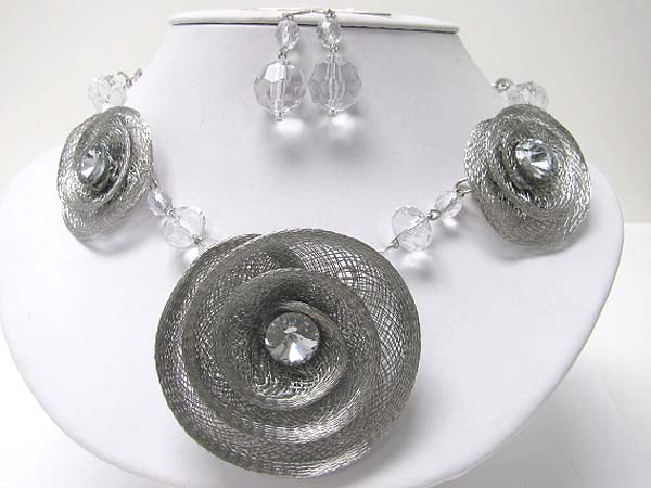 Crystal stud metal wire swirl flower link necklace earring set