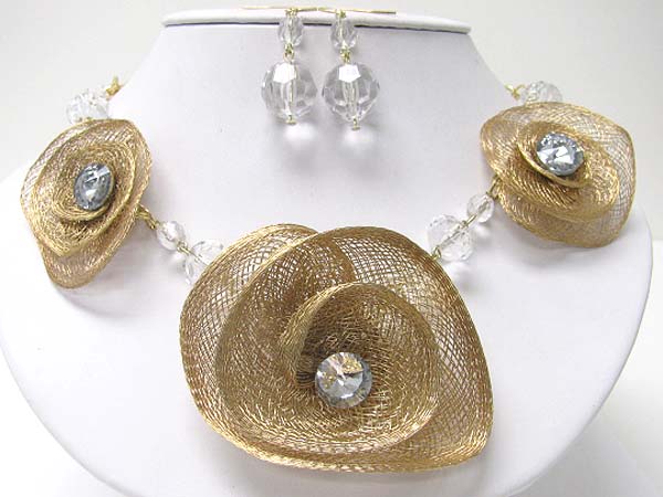 Crystal stud metal wire swirl flower link necklace earring set 