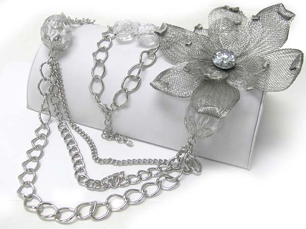 Crystal stud metal wire flower accent long chain link necklace earring set