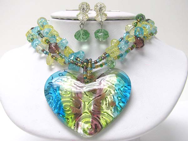 Murano glass heart pendant and mixed chip stone necklace earring set