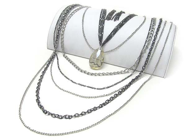 Galss tear drop and multi row mixed metal long chain necklace earring set