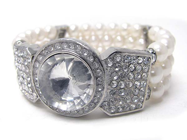 Crystal deco big eye top triple pearl stretch bracelet