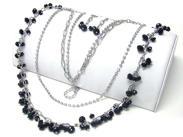 Facet glass stone deco long chain necklace earring set