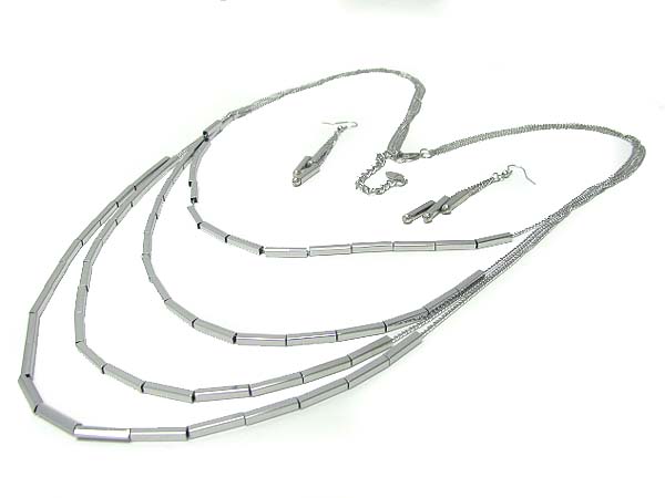 Multi layer metal tube link long necklace earring set