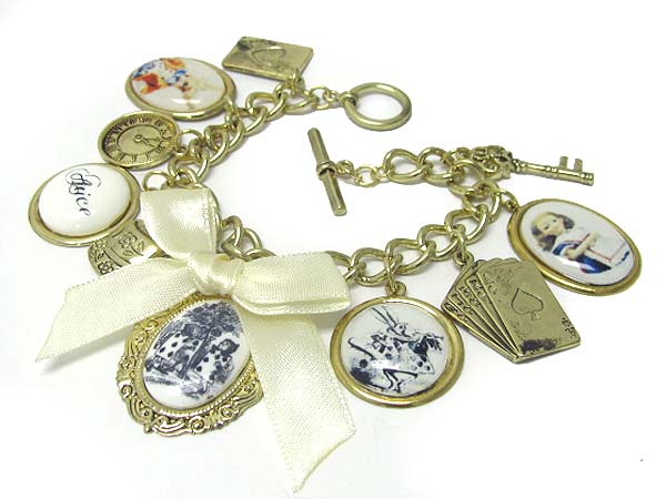 Alice in wonderland theme charm dangle multi chain bracelet