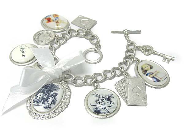 Alice in wonderland theme charm dangle multi chain bracelet