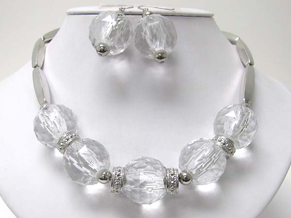 Chunky ice beads and metal tube link necklace earring set