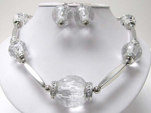 Chunky ice beads and metal tube link necklace earring set