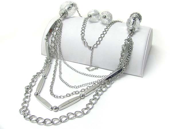 Multi layer chunky ice beads and metal tube link long necklace earring set