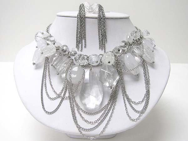 Chunky ice beads and metal chain hanging drop necklace earring set