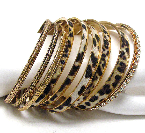 Crystal and fur animal print theme multi stackable bangle bracelet