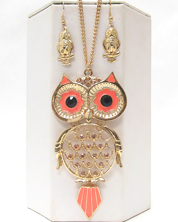 Crystal and epoxy deco owl pendant necklace earring set