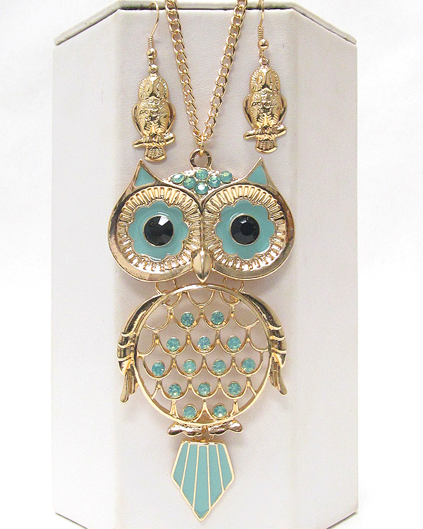 Crystal and epoxy deco owl pendant necklace earring set