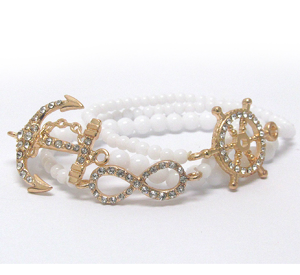 Nautical theme crystal anchor wheel and infinite symbol stretch bracelet set of 3