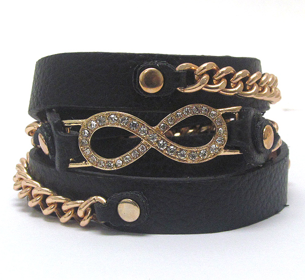 Crystal infinite symbol and chain and leatherette band wrap bracelet